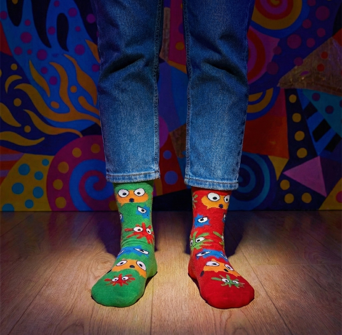 Colorful socks with cartoon characters worn by a person against a vibrant, abstract wall.