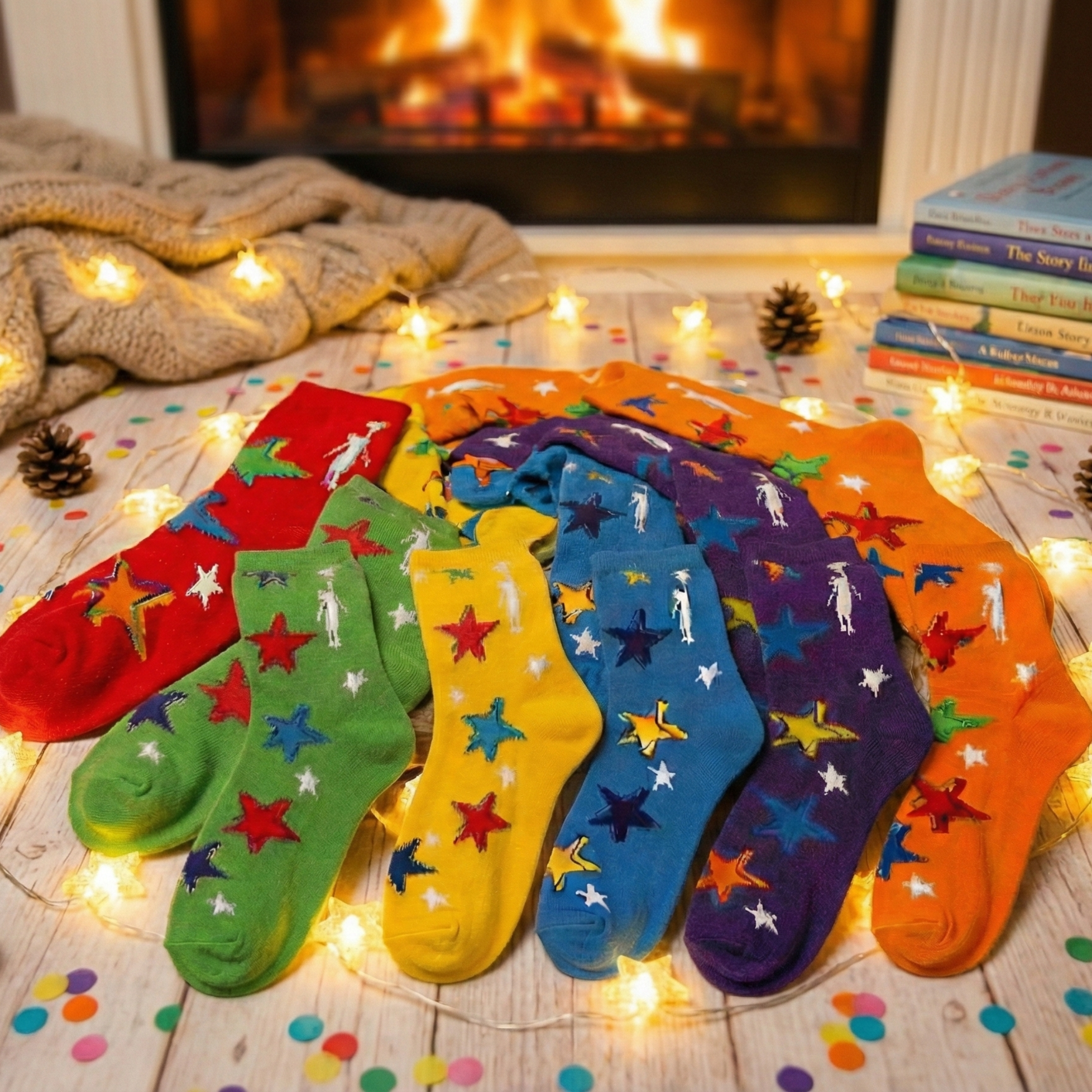 Colorful socks with star patterns arranged in front of a fireplace.