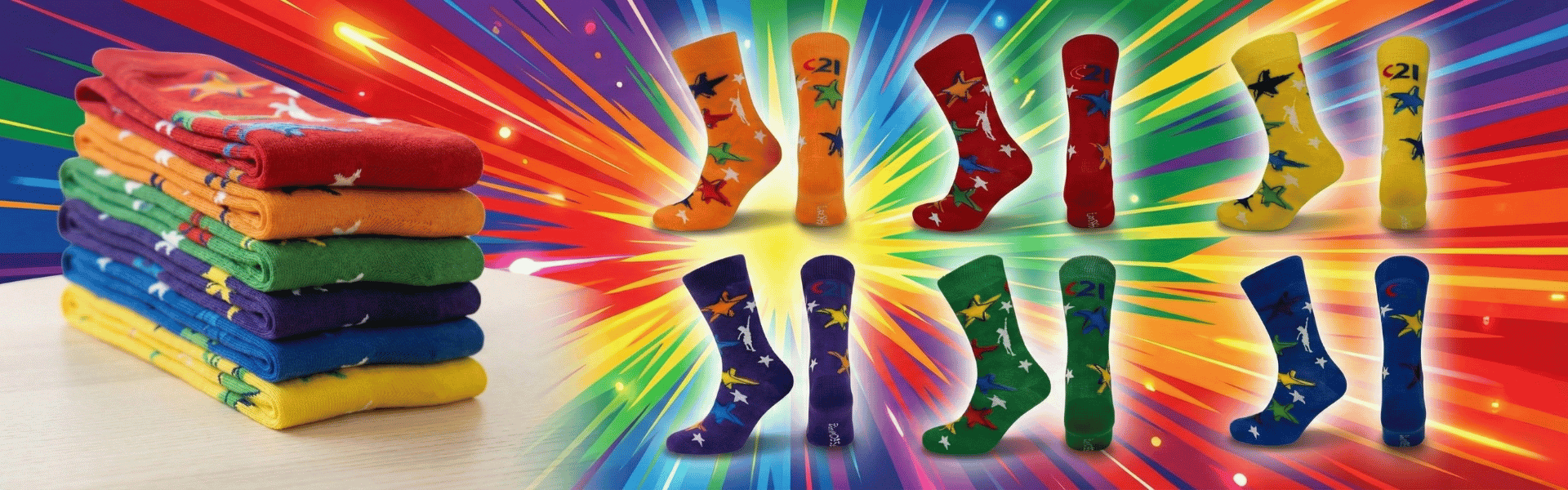Colorful socks displayed with a vibrant, multicolored background