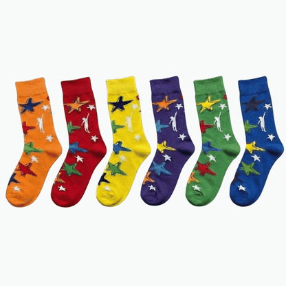 Multicoloured socks in a line 